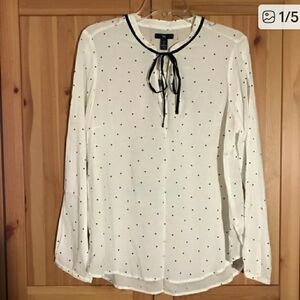 Gap Cream Blouse with Black Stars and Ribbon Tie At Neck